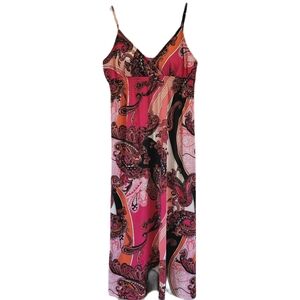 Y2K SHE'S COOL Paisley Print Pink Multicolor Maxi Dress V-neck Sun Dress